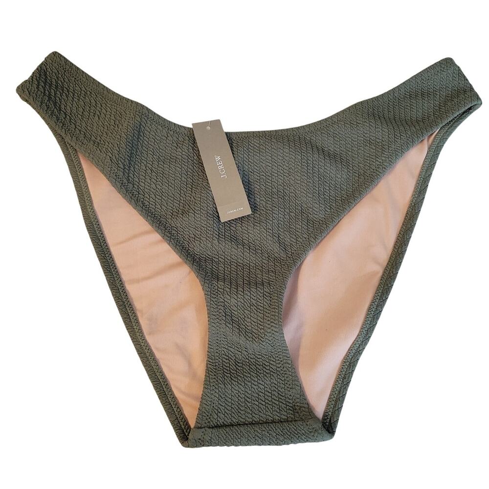 NWT J.Crew Textured Curved Waist Cheeky Bikini Bottom Womens Size L Olive Green